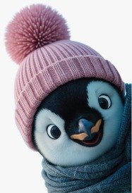 A cheerful penguin in a winter hat and scarf